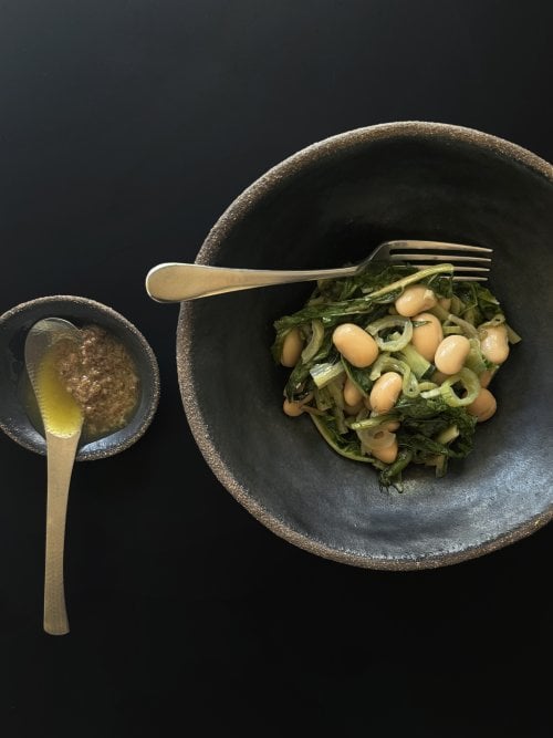 Image for article: Braised chicory stems with cannellini beans and bagna càuda 
