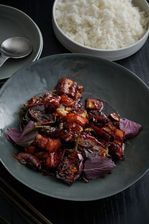 Image for article: Glazed sticky pork with cassia, star anise, black vinegar and eggplant  