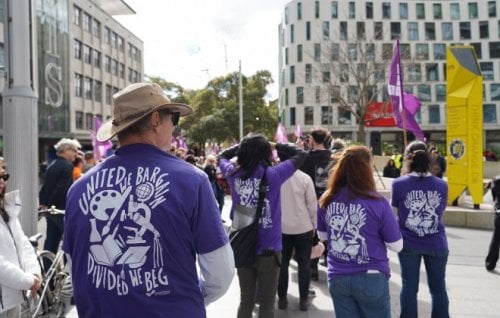 Unionists rally at a University of Technology Sydney Open Day.