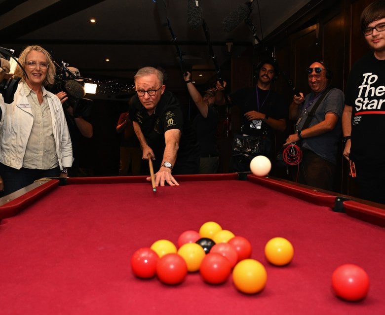 Prime Minister Anthony Albanese playing pool in Brisbane this week.