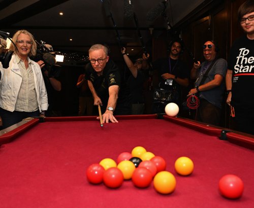 Prime Minister Anthony Albanese playing pool in Brisbane this week.