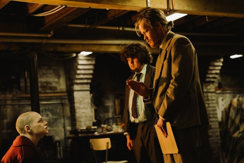 Emma Stone, Aidan Delbis and Jesse Plemons in a scene from Yorgos Lanthimos’s Bugonia.  