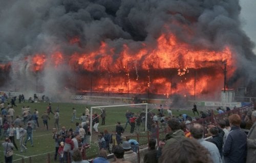Fire engulfs a stand during a Bradford City FC.