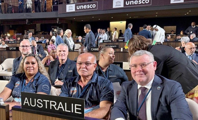 Australia’s UNESCO delegation. Front row, from left: Murujuga Aboriginal Corporation Vice-Chair Belinda Churnside, Chair Peter Hicks and federal Environment Minister Murray Watt.