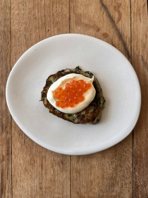 Image for article: Zucchini pancakes with crème fraîche and salmon roe